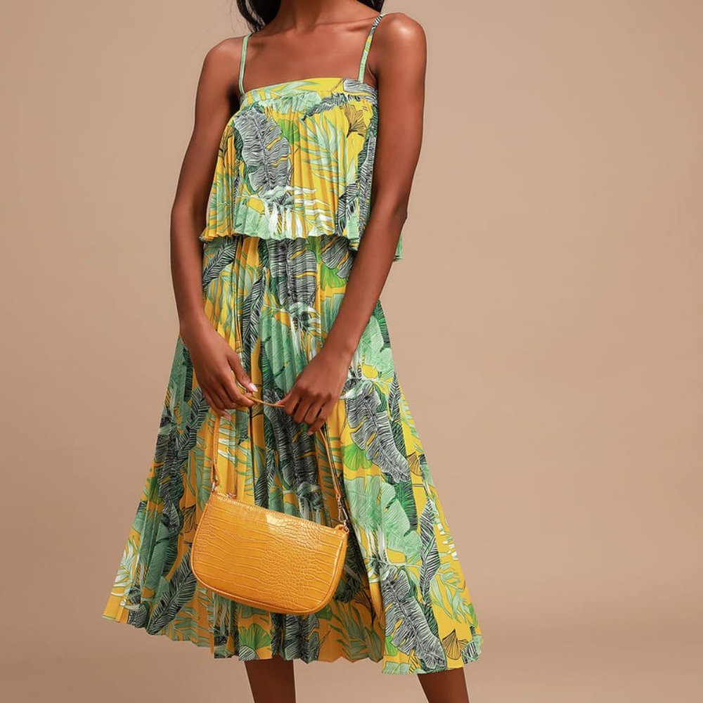 Yellow Tropical Print Pleated Two-Piece Midi Dress
